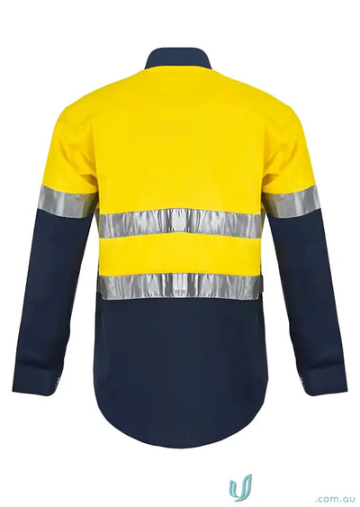 Yellow and blue reflective work shirt with reinforced stress and CSR tape for uniforms