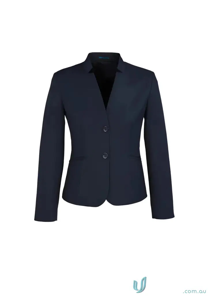 Navy blue two-button blazer perfect for workwear and stylish uniforms at IOP Ladies Reverse Lapel Jacket