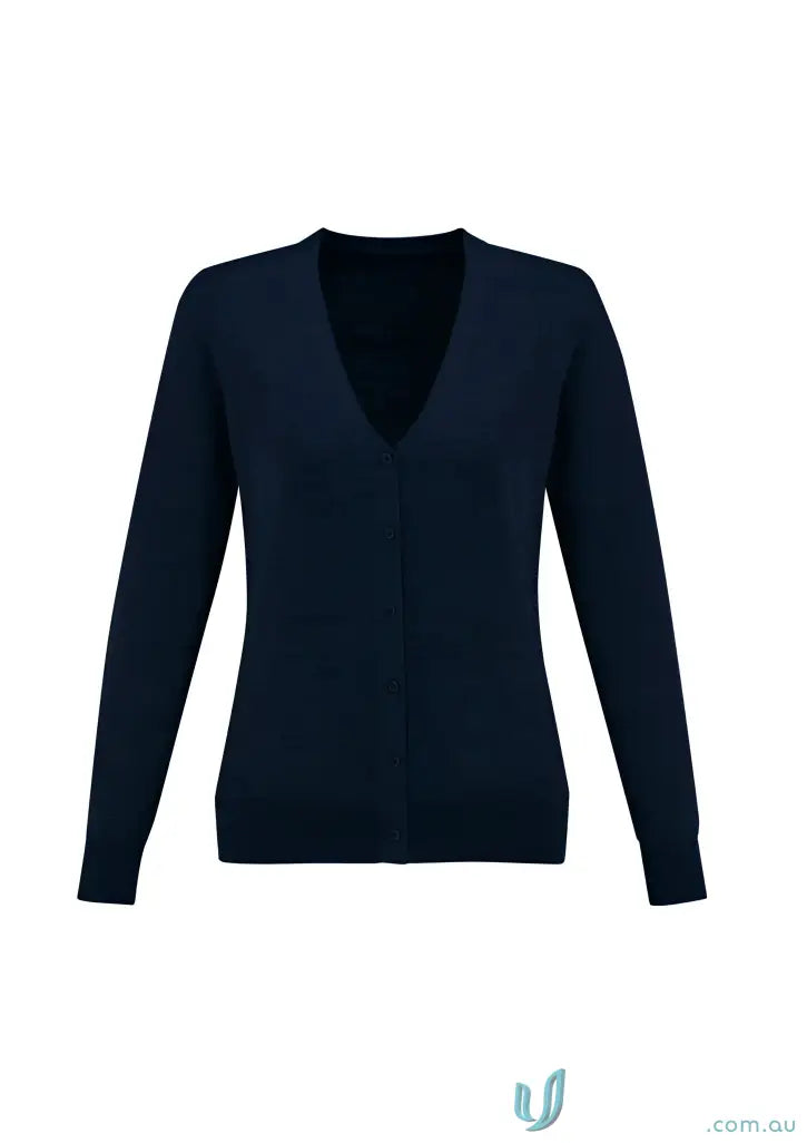 Navy blue V-neck long-sleeve sweater made of merino wool for uniforms and workwear