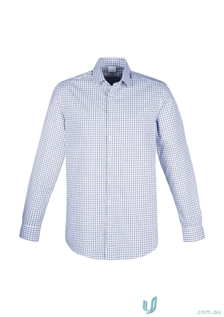 White and blue checkered IOP Mens LS Check Shirt for casual wear or uniforms