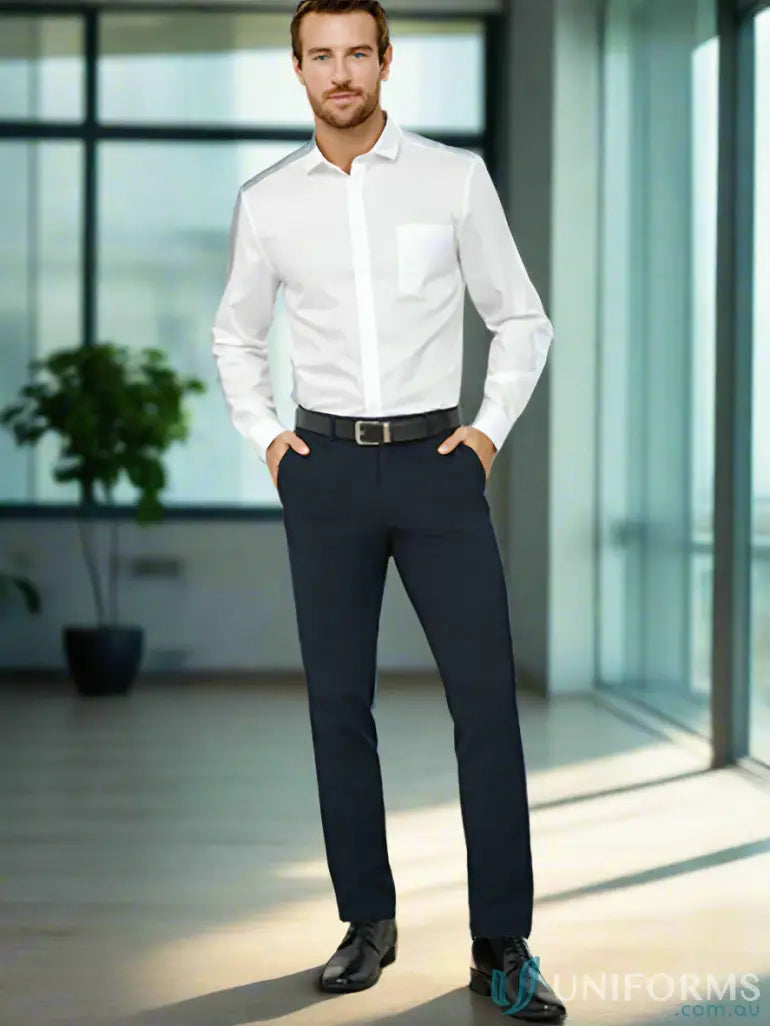 Man wearing IOP Mens Slim Fit Classic Pant in white shirt and dark pants, b s720m