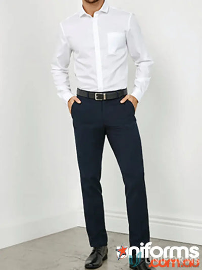Man in white shirt and navy IOP Mens Slim Fit Classic Pant B S720M for mens classic slim style