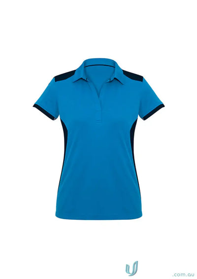 Blue and black women’s polo shirt with contrast sleeves and y-line placket, modern fit