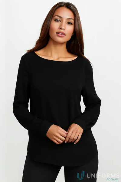 Black IWG Ladies LS Blouse with madison boatneck and polyester mechanical stretch