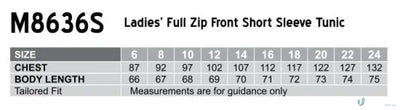 IWG Ladies SS Tunic with size chart, m8636s women’s, mechanical stretch fabric
