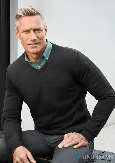 Iwg emb mens knit pullover 2026 black v neck sweater with textured knit over teal collared shirt for work uniforms