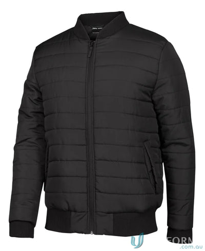 Black quilted bomber jacket with hand pockets water-shedding polyester pongee shell for adults