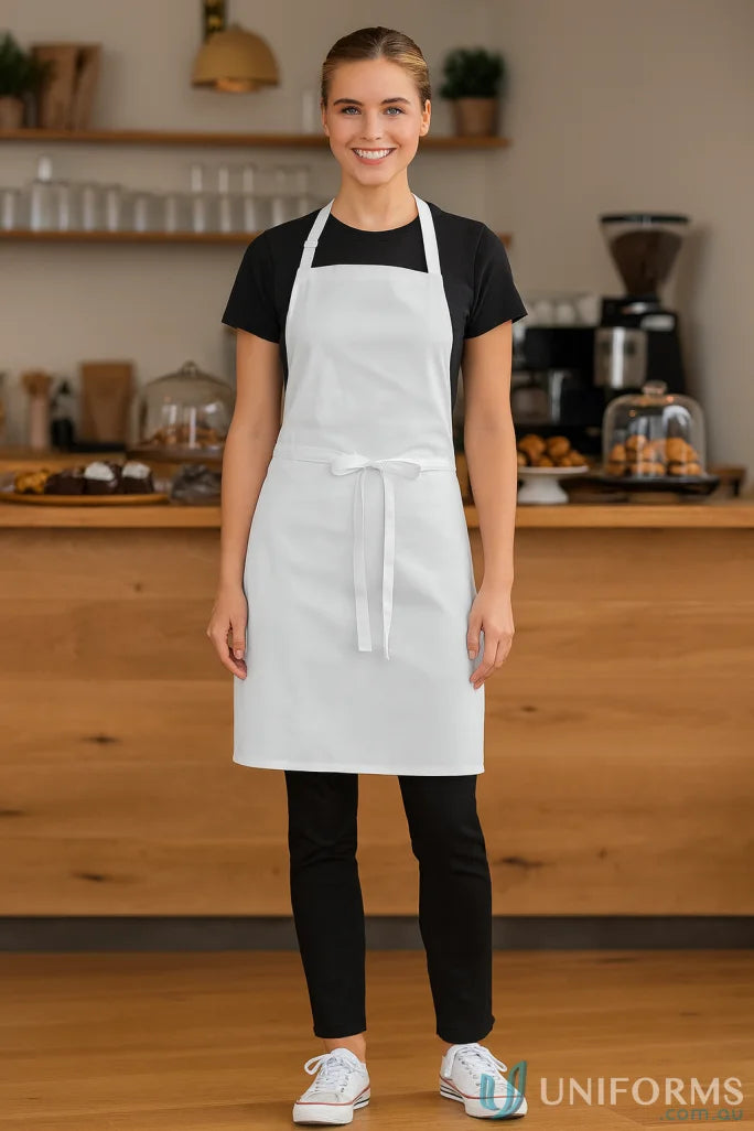 Smiling woman in JBs Bib Apron Without Pocket 65X71, perfect for work uniforms