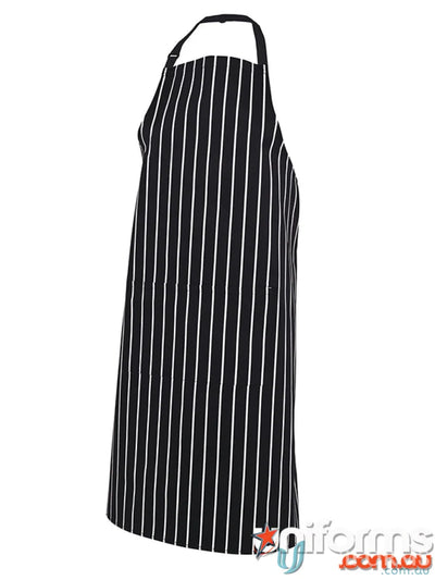Black and white striped apron ideal for workwear and uniforms with pocket features
