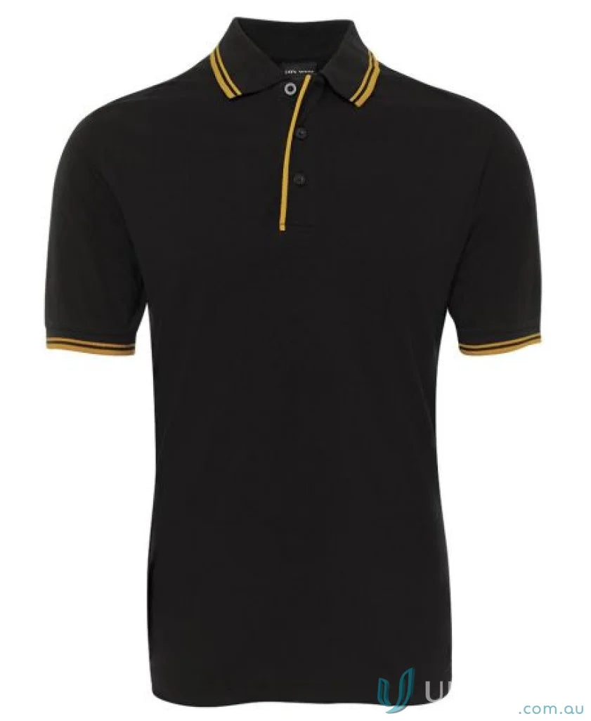 Black JBs Contrast Polo with gold trim, pique knit fabric, and sun protection