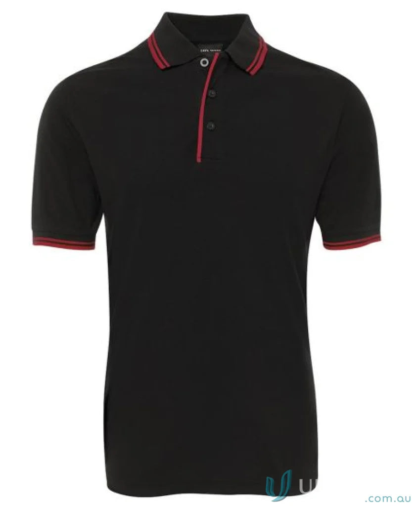 Black JBs Contrast Polo with red trim in pique knit fabric for sun protection
