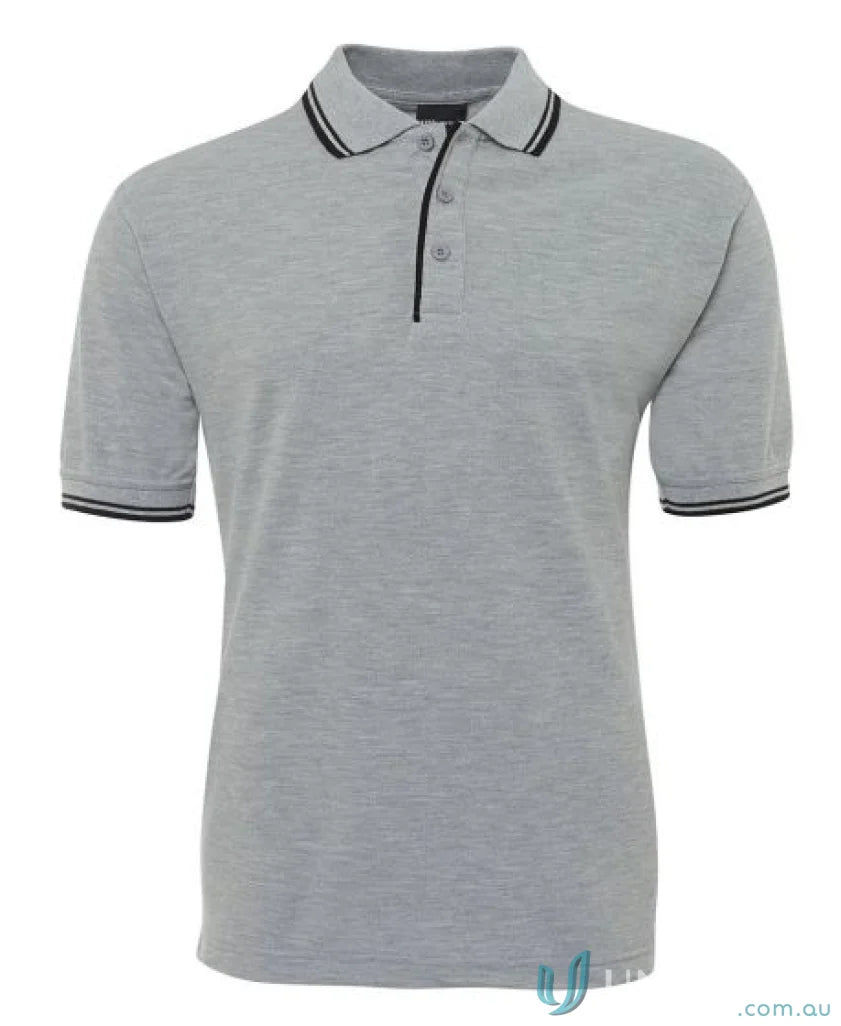 Gray JBs Contrast Polo with black trim in pique knit fabric, perfect for sun protection