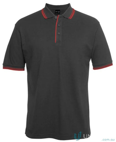 Gray JBs Contrast Polo shirt with red trim, pique knit fabric, and sun protection features
