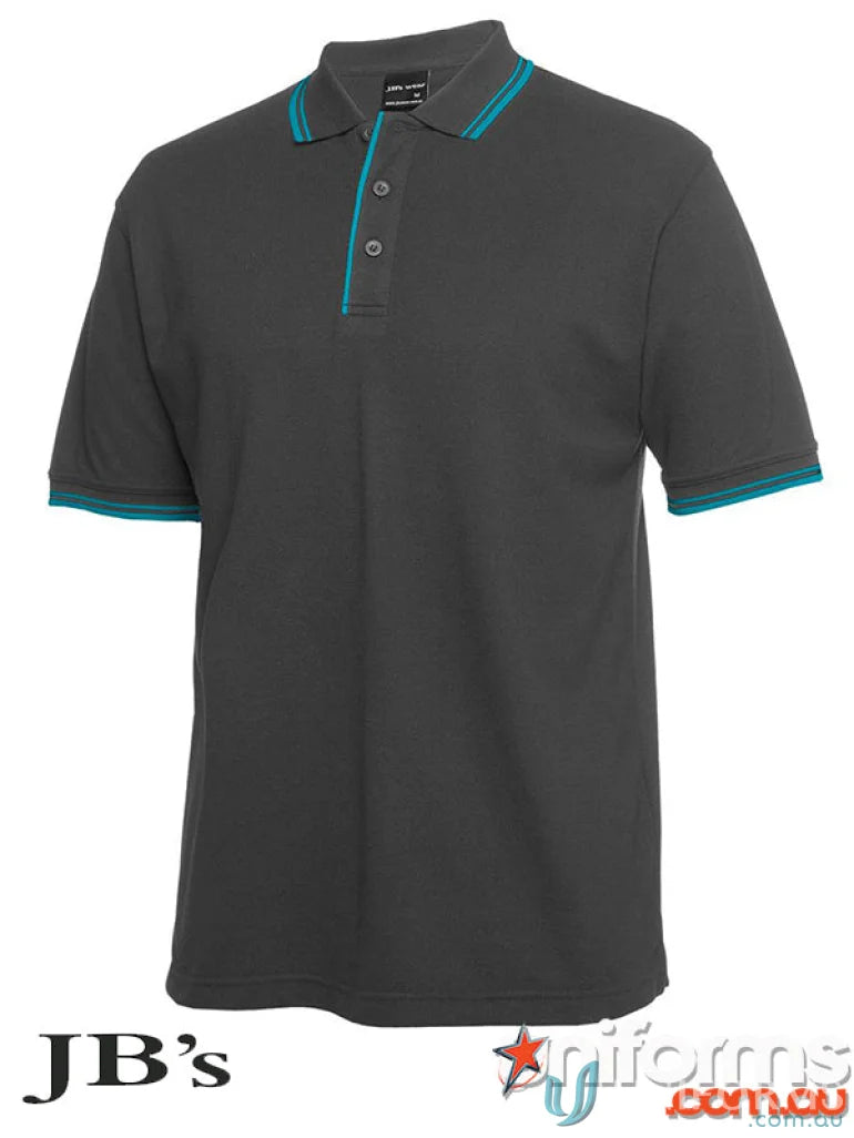 Gray JBs Contrast Polo with teal trim made from pique knit fabric for sun protection