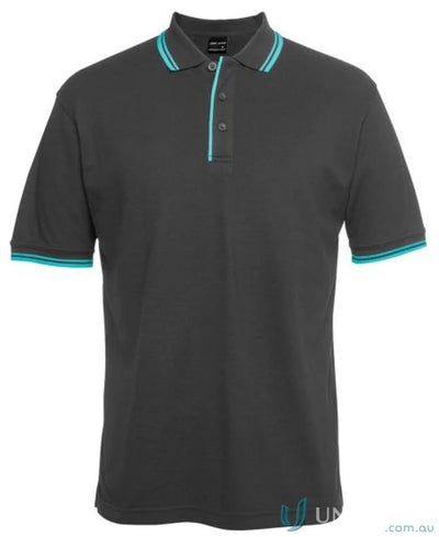 Gray JBs Contrast Polo with teal trim made of pique knit fabric for sun protection