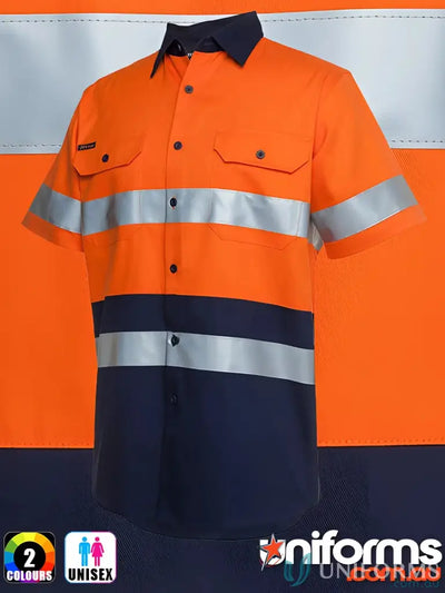 Orange and navy blue high-visibility work shirt with reflective tape for safety standards