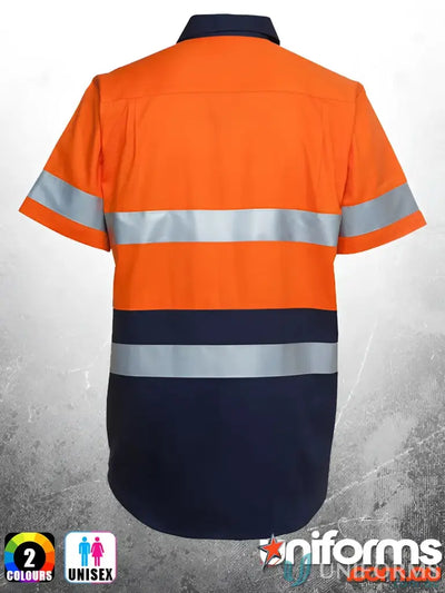 Orange and navy blue safety shirt with reflective tape for work uniforms and safety standards