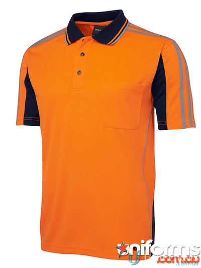Orange and navy blue polo shirt made of durable fabric, perfect for workwear uniforms
