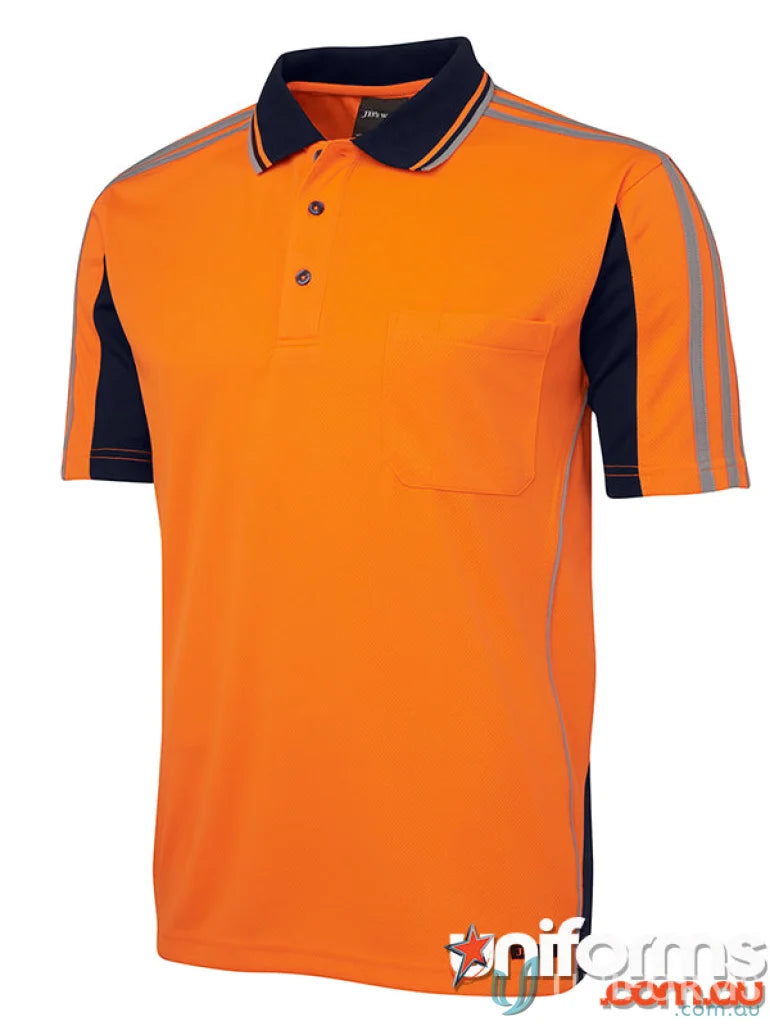 Orange and navy blue polo shirt made of durable fabric, perfect for workwear uniforms