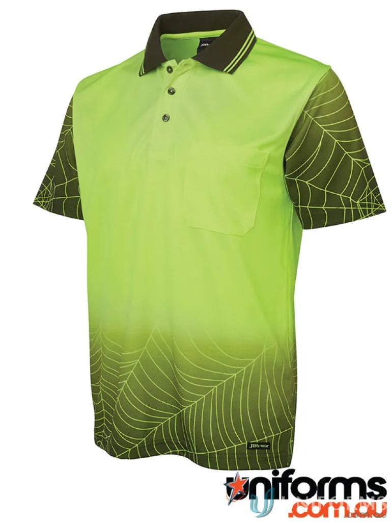 Green and brown fabric polo shirt with spiderweb design, ideal for uniforms and workwear