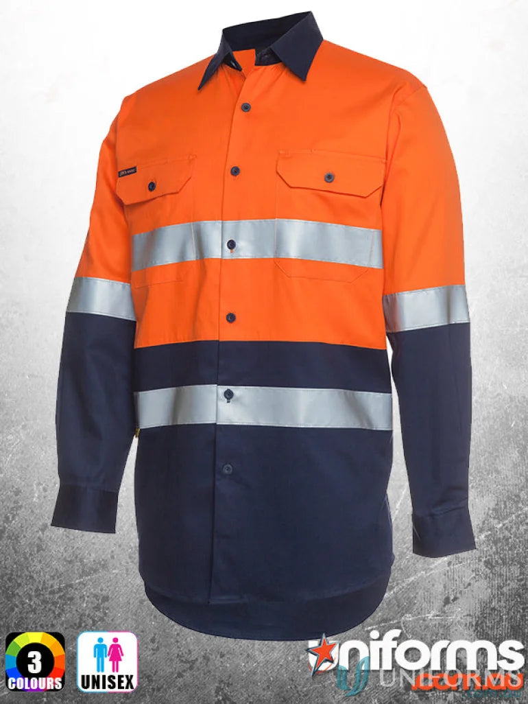 Orange and navy blue high-visibility work shirt from JBs HiVis (D+N) uniform workwear