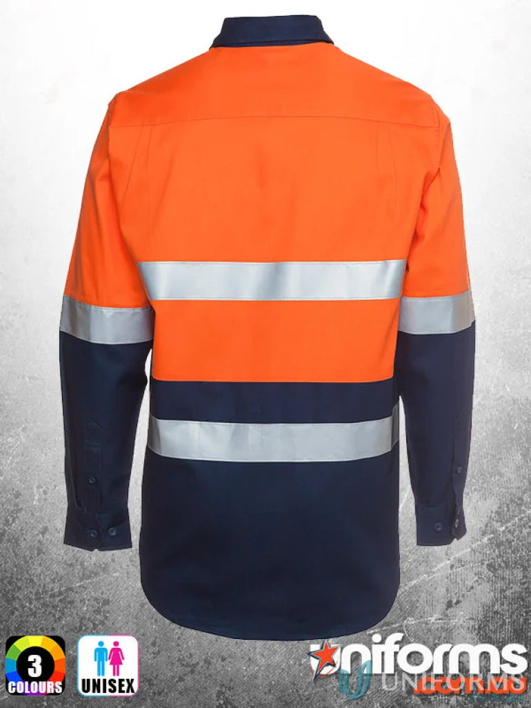 Orange and navy blue high-vis work shirt from JBs HiVis NZS workwear uniforms