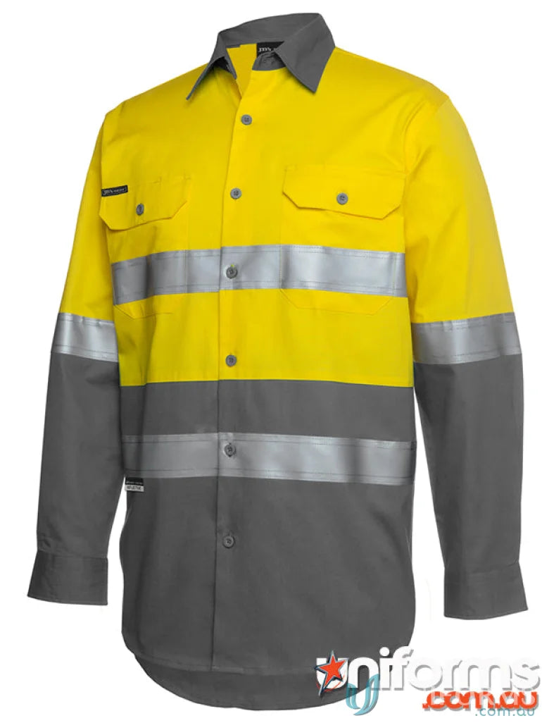 Yellow and gray high-visibility work shirt with reflective tape for workwear and sun protection gear