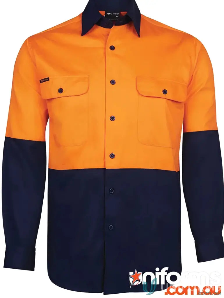 Orange and navy blue long-sleeved work shirt with collar, perfect for 9xl uniforms