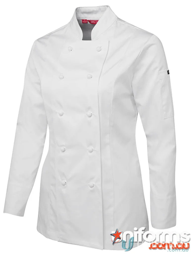 White ladies long sleeve chefs jacket with double-breasted design from JBs