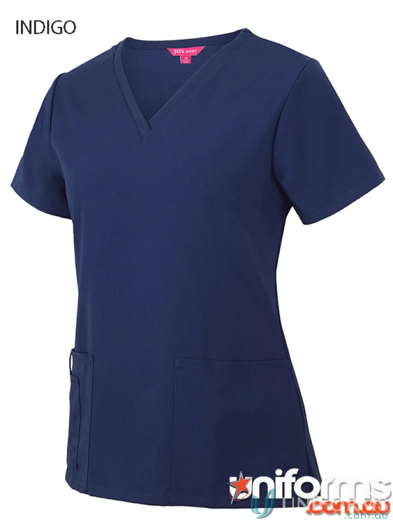 Indigo V-neck scrub top from JB’s Ladies Nu Scrub Top with urban fit and waist dart