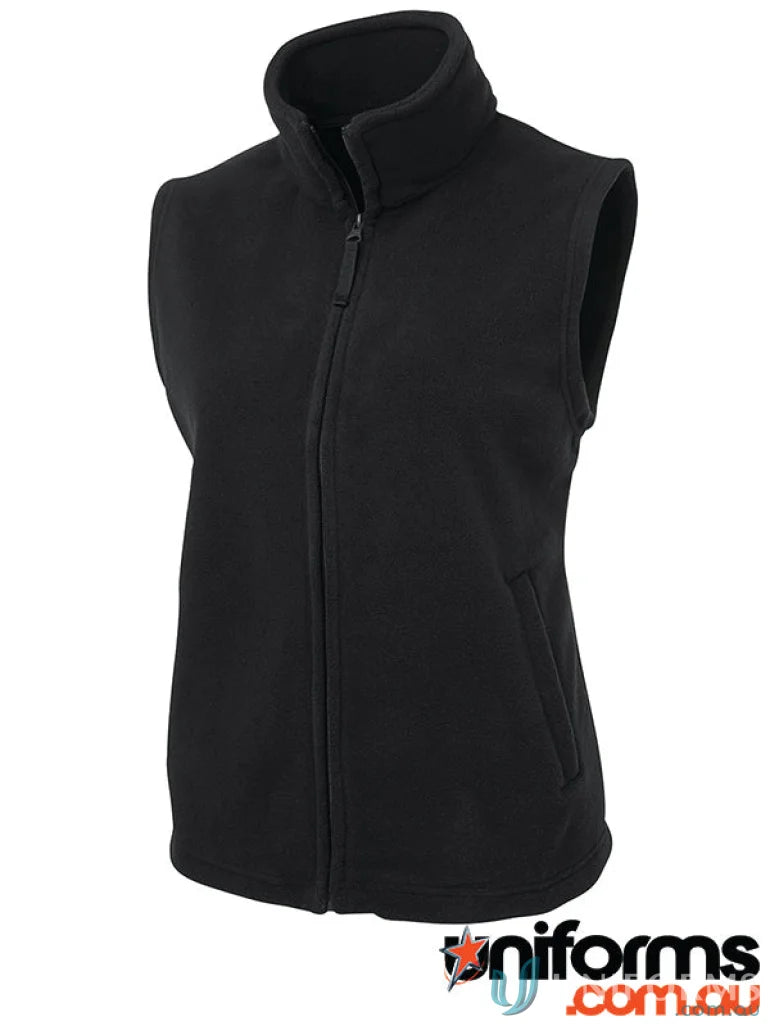 Black JBs Ladies Polar Vest made of 290gsm low-pill polar fleece with full zipper