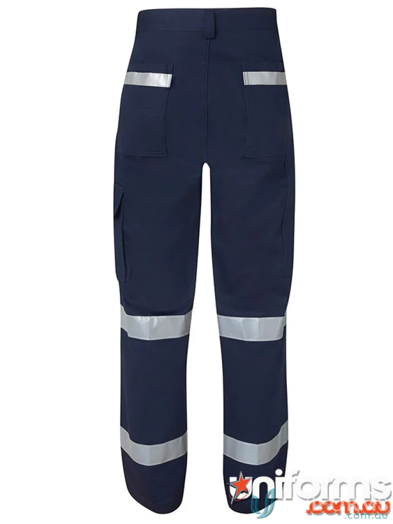 Navy blue work pants with reflective tape showing JBs Mercerised Multi Pocket Pant workwear