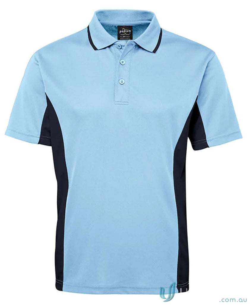 Light blue and navy JBs Podium Contrast Polo with Podium Cool moisture-wicking tech