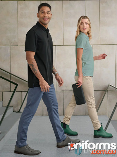 Two people wearing jean style flexi chino pants with jacquard weave fabric