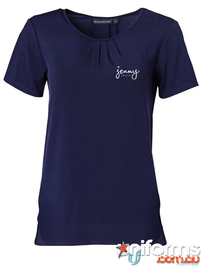 Navy blue short-sleeved work blouse from Jenny Craig EMB series perfect for uniforms or workwear
