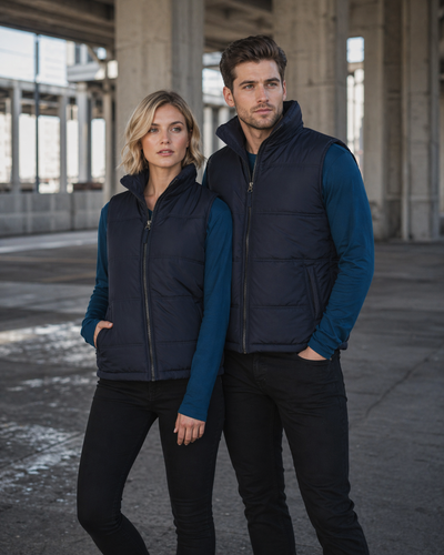 Navy blue quilted everest puffer vest with high collar and front zipper perfect for workwear uniforms