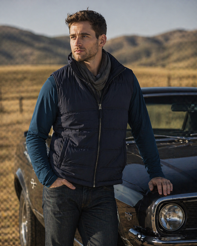 Navy blue quilted everest puffer vest with zipper front and side pockets perfect for workwear and uniforms