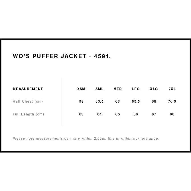 Wo’s puffer jacket 4591 size chart with half chest and full length measurements for work uniforms and workwear