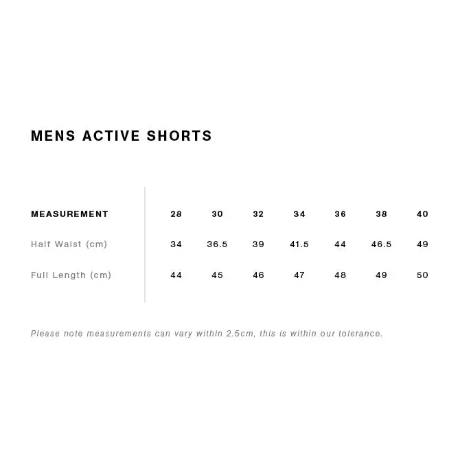Men’s active shorts size chart.