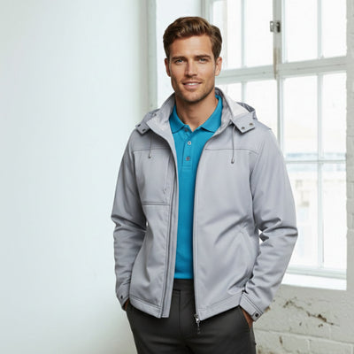 Light gray Kennards EMB Jacket with detachable hood and zipper pockets