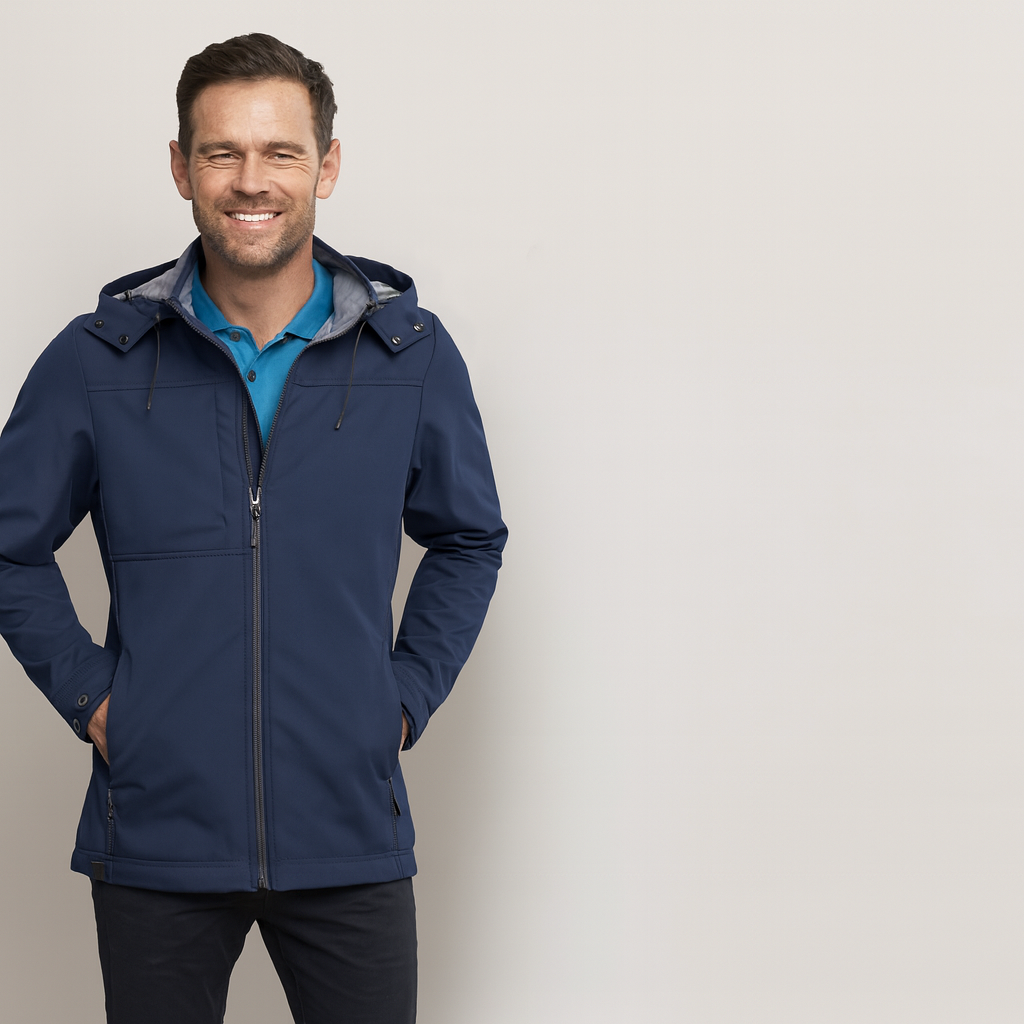 Navy blue Kennards EMB Jacket with detachable hood and waterproof rating