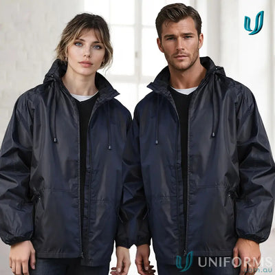 Two people showing off KENNARDS Unisex Spinnaker Jacket in navy blue with zippered hoods