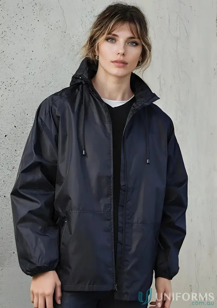 Woman wearing KENNARDS Unisex Spinnaker Jacket with contrast zippered hood