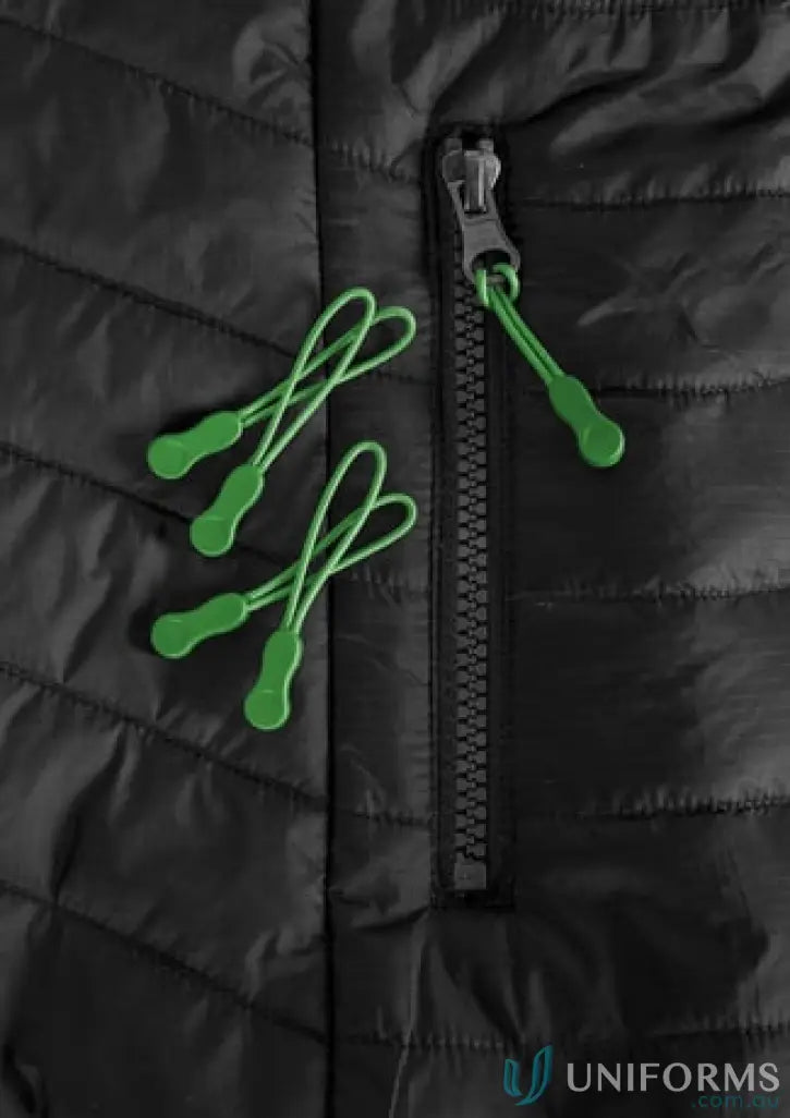 KenNards Zippies black quilted workwear jacket with green zipper pulls perfect for uniforms