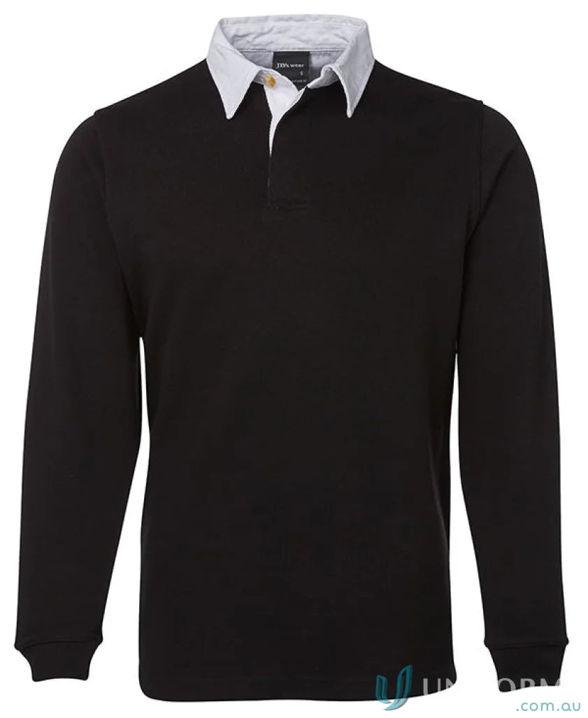 Kensington Rugby Jumper with black long sleeves and white collar, jbs rugby jumper style