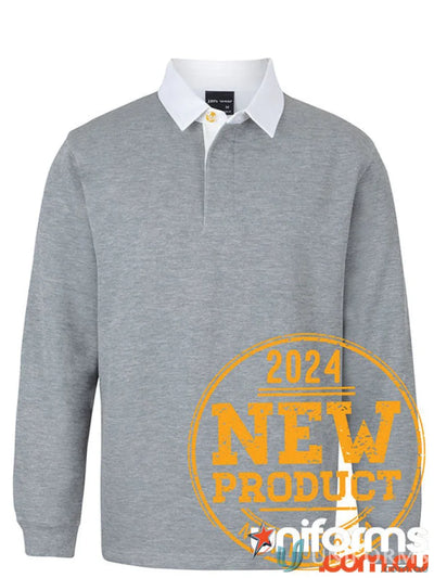 Gray long-sleeved JBs Rugby Jumper with ribbed sleeve cuffs and white collar