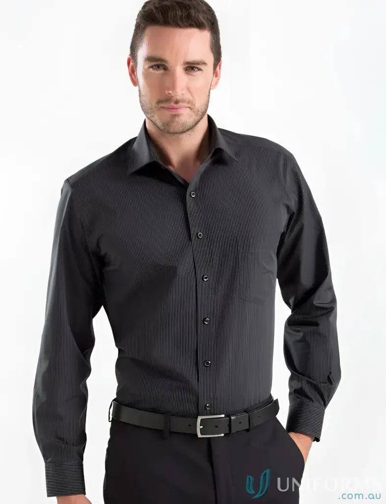 Mens dark grey long sleeve dress shirt with vertical stripes, style 236-jk Keval charcoal