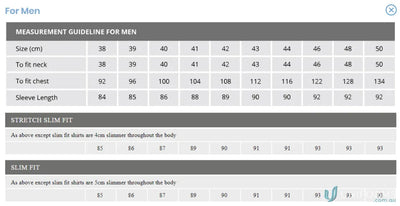 Dark stripe shirt size chart for Keval men’s slim fit LS shirt with measurements