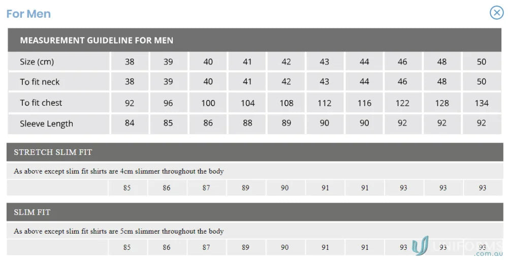Men’s slim fit dark stripe shirt size chart with measurements for Keval 837-jk