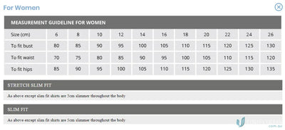 Women’s clothing size chart with bust, waist, and hip for Keval Womens 3Qtr Darker Stripe Shirt